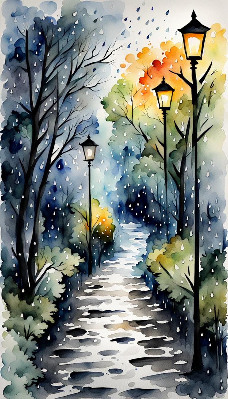 Gloomy Rainy Path in Watercolor Style