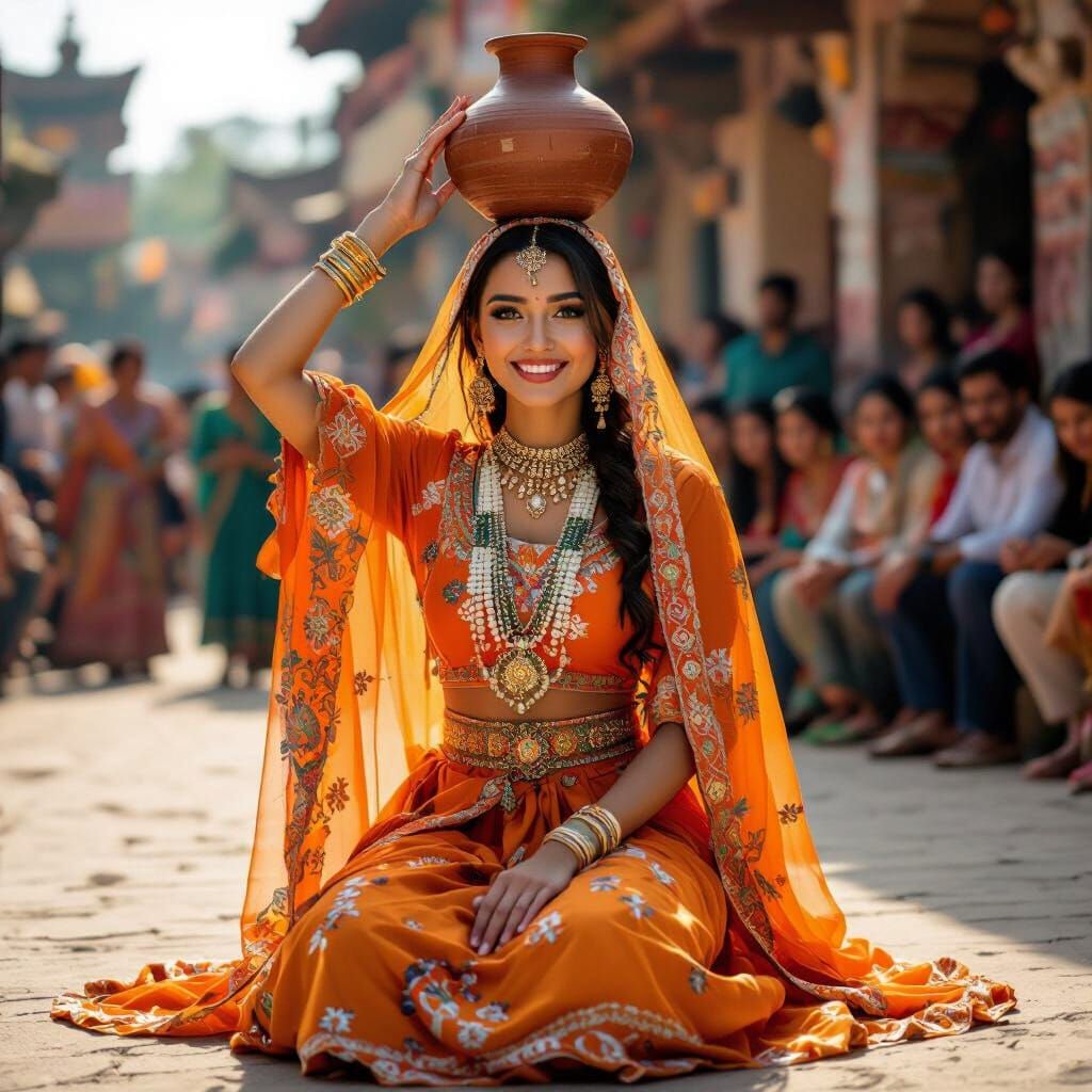 Woman Balancing Clay Pot in Traditional Dress