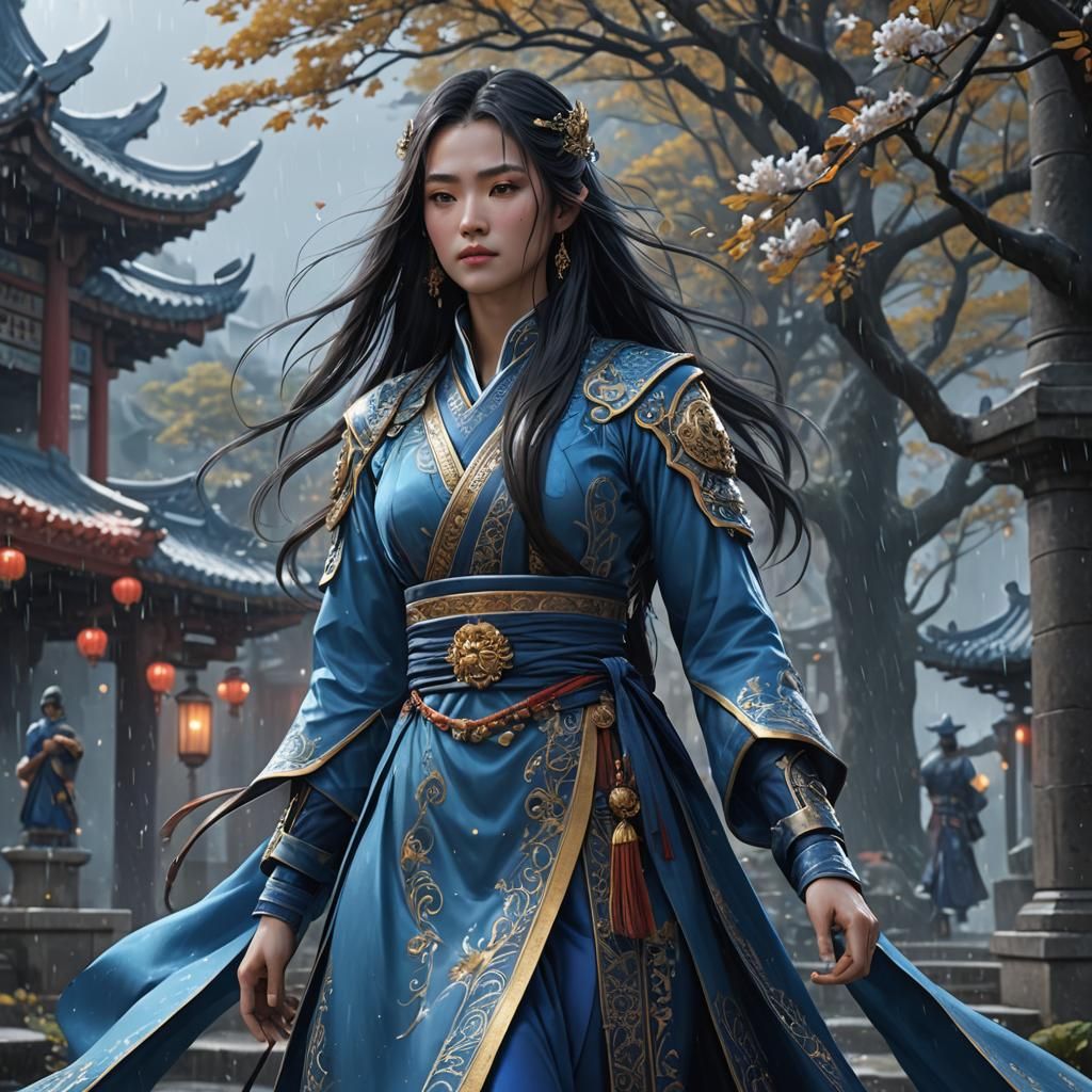 Royals Xianxia in blue. rain that cleanses the earth. sword.