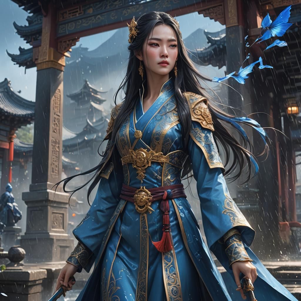 Royals Xianxia in blue. rain that cleanses the earth. sword.