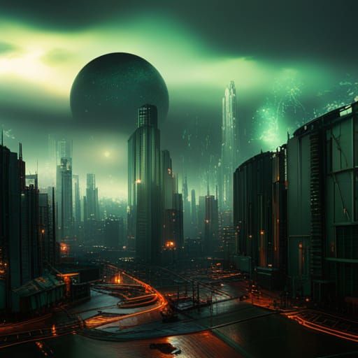 Cyberpunk Cityscape with Green Planet, Detailed Matte Painti...