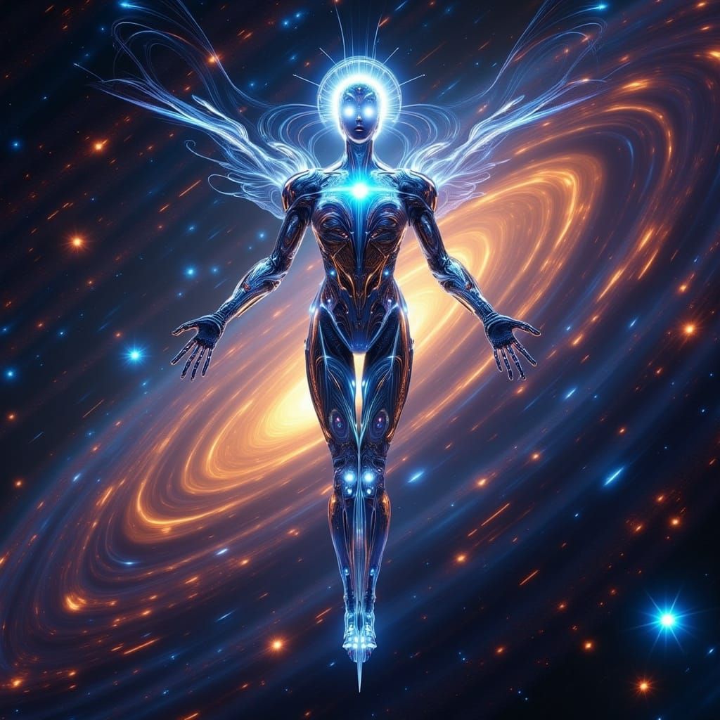 Cosmic AI Entity in Futuristic Iridescent Style