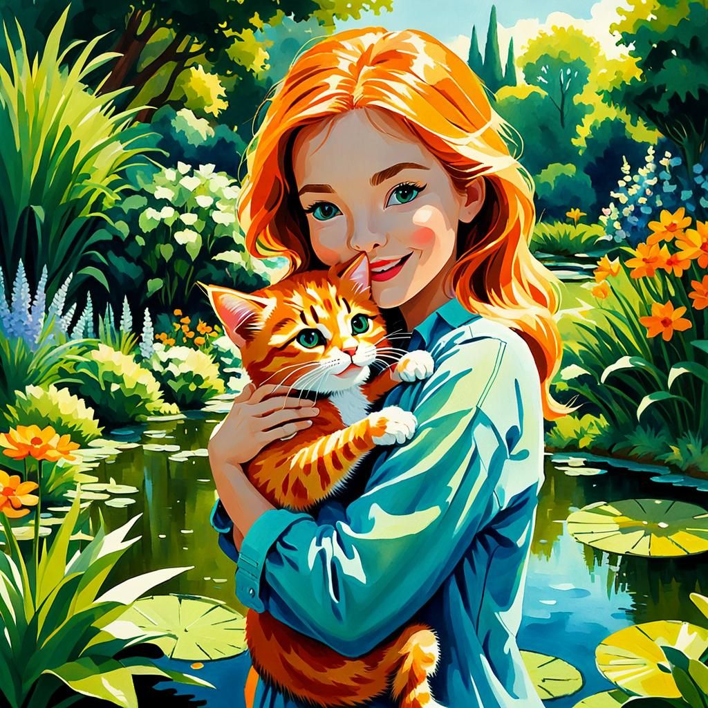 Woman and Kitten in Impressionist Garden
