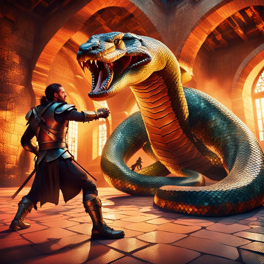 Warrior versus Giant Snake in Castle Room