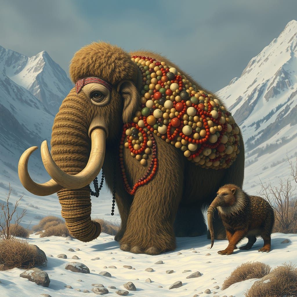 Beaded Mammoth in Snowy Valley, Digital Art
