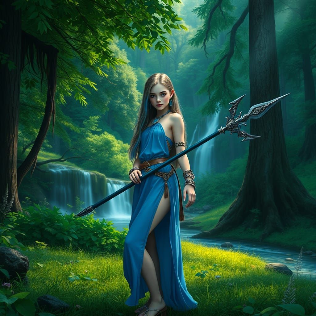 Fantasy Girl with Spear in Lush Forest, Matte Painting