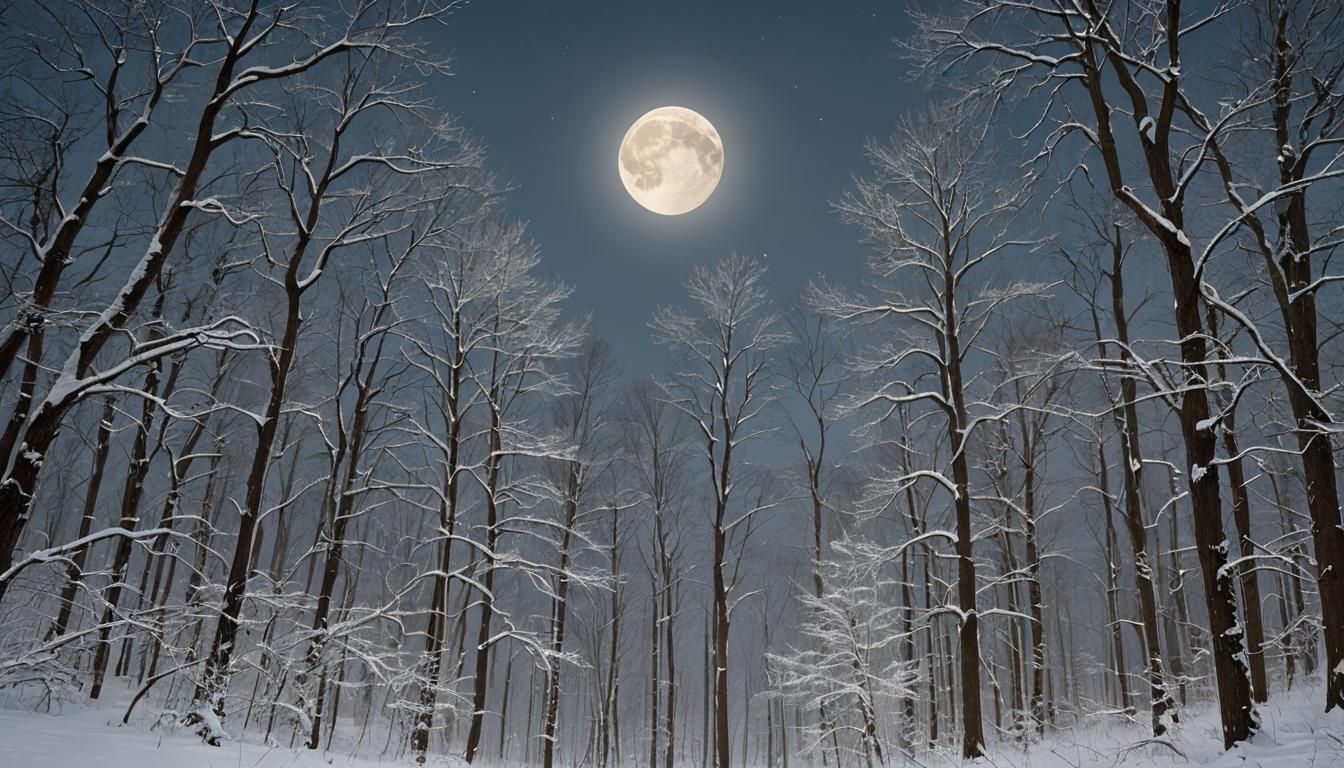 Winter Moon Over Dark Forest in Silver Light