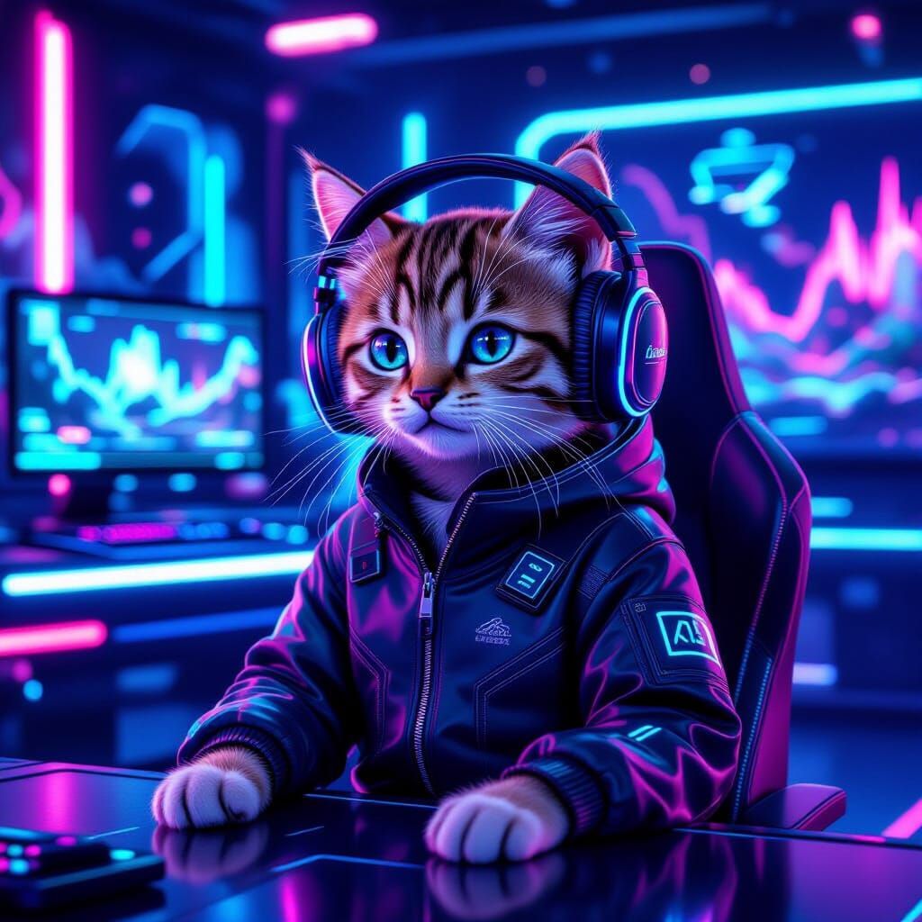 Futuristic Kitten Gamer in Neon AI Room