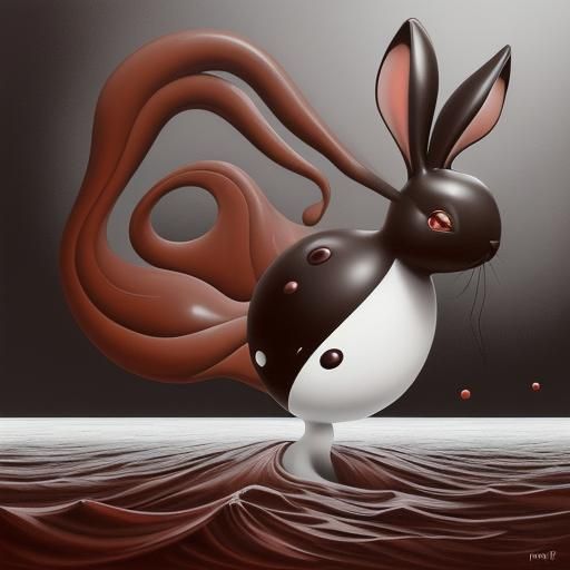 Surrealist Chocolate Rabbit Painting in Selective Red