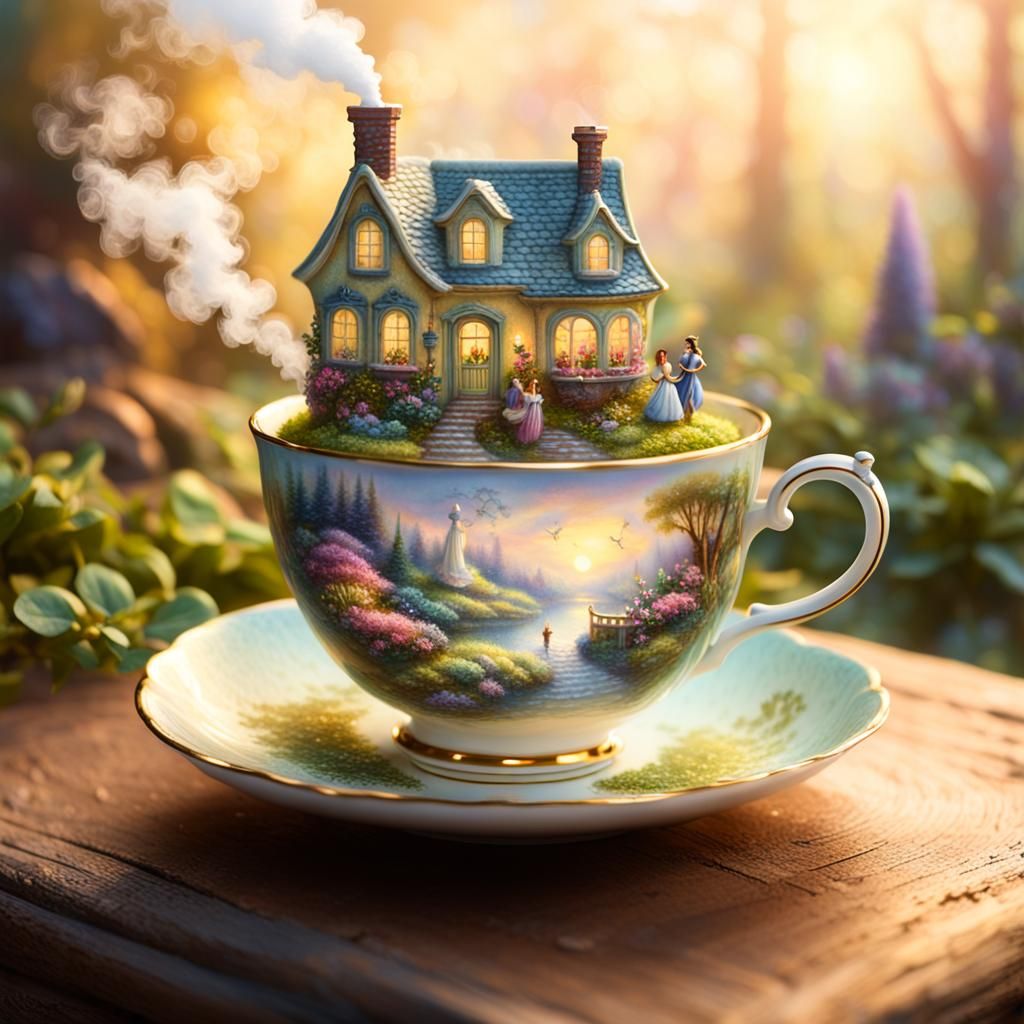 Miniature Fantasy World Inside a Teacup, Kinkade Style