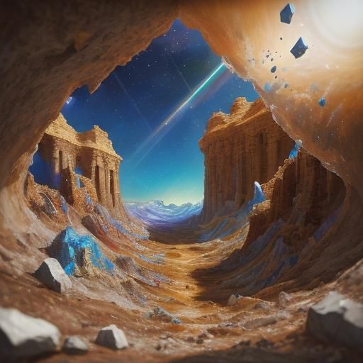 Giant Crystals Hover in Abandoned Mine: Surreal Oil Painting