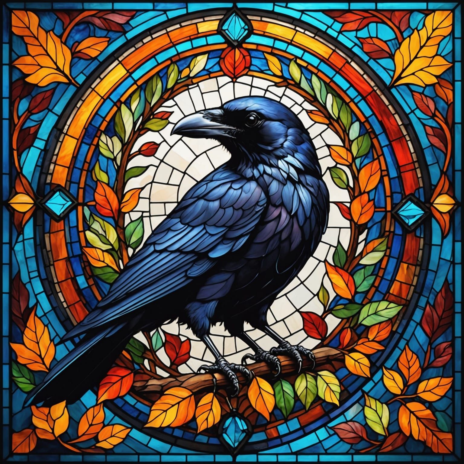 Stained Glass Crow in Vibrant, Photorealistic Detail