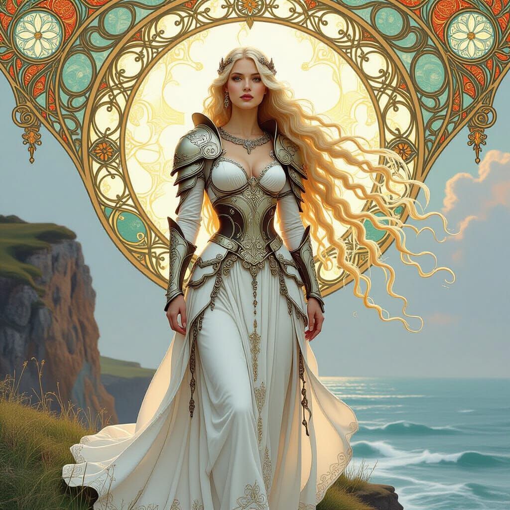 Albino Valkyrie in Art Nouveau Armor on Windswept Cliff