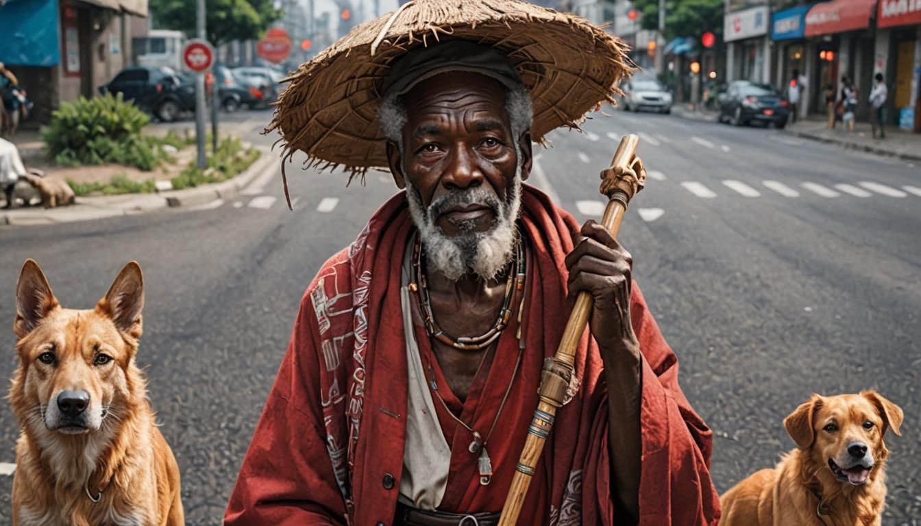 Hyperrealistic Photo: Old Man at Crossroads with Dogs