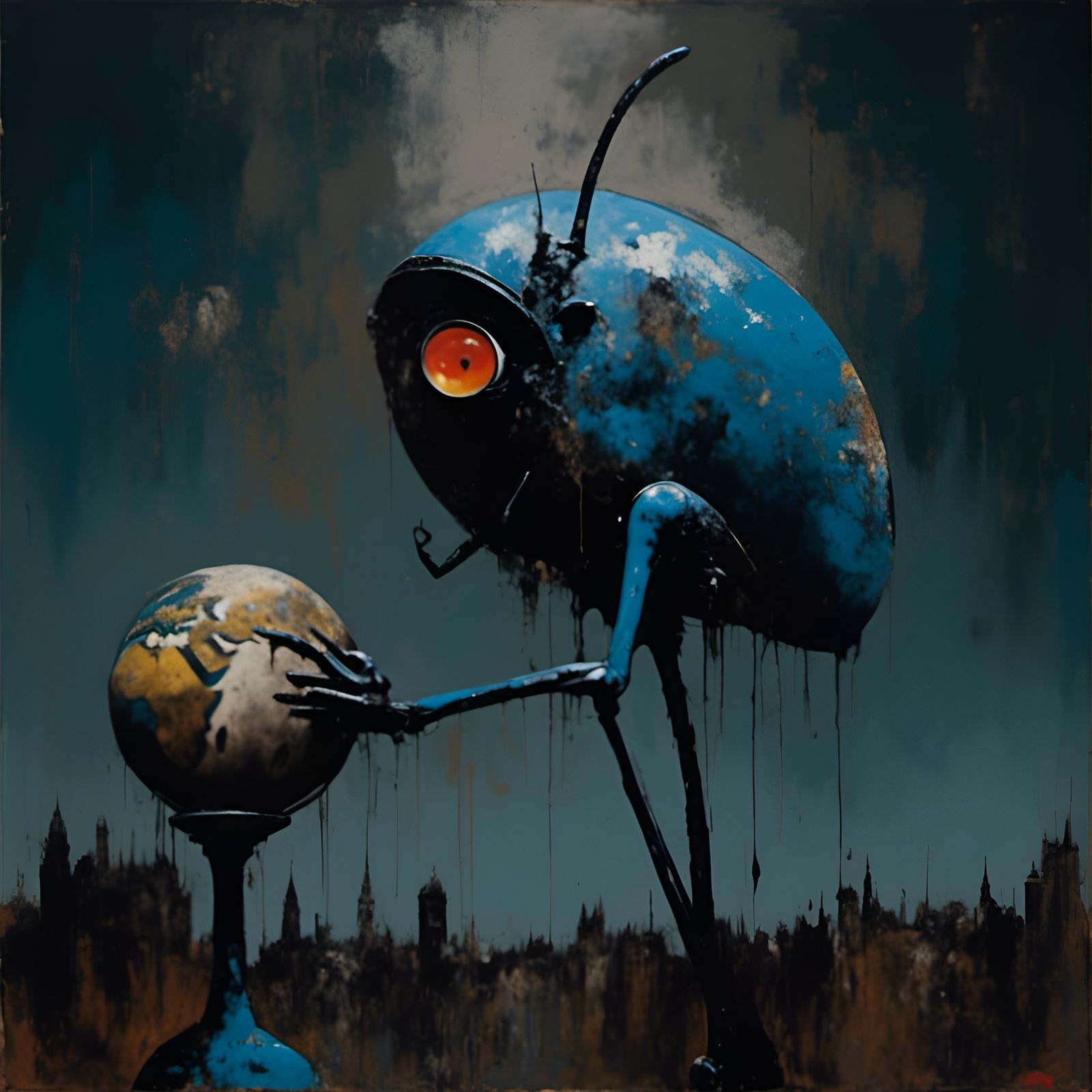 Blue Alien Covets Earth in Neo-Expressionist Style