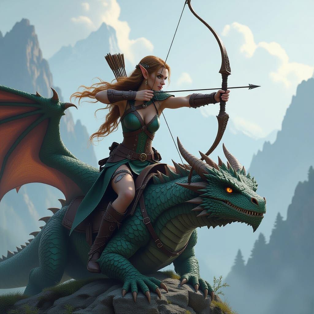 Elf Archer Rides Dragon in Misty Mountains
