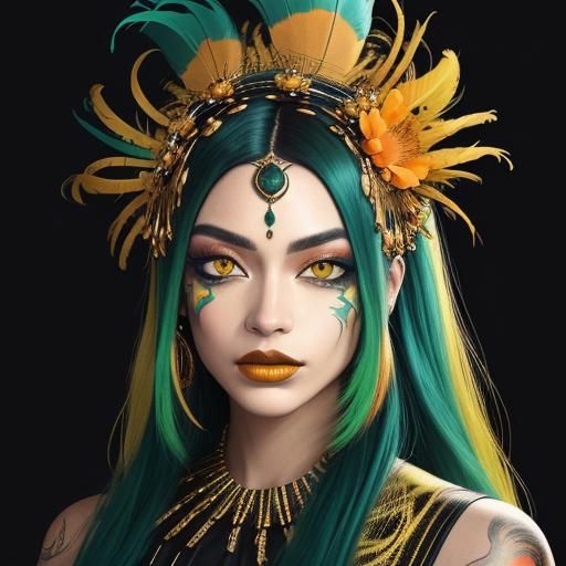 Abstract Portrait: Woman with Gold Skin and Peacock Feathers