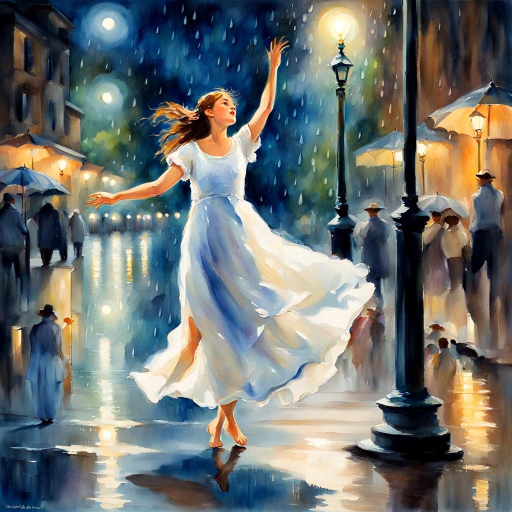 Girl Dancing in Rainy Night: Impressionist Watercolor