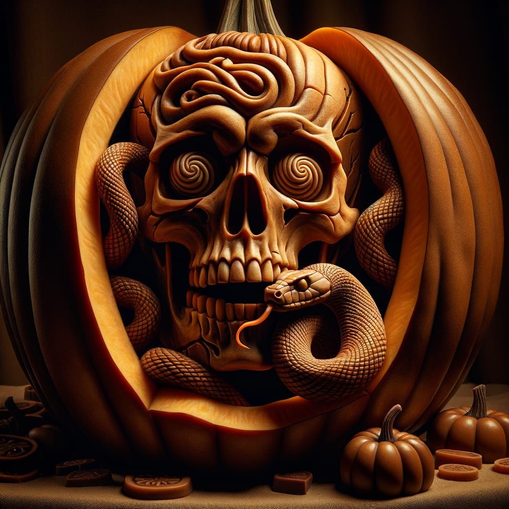 Hyperdetailed Skull Carved in Pumpkin with Chocolate Snake