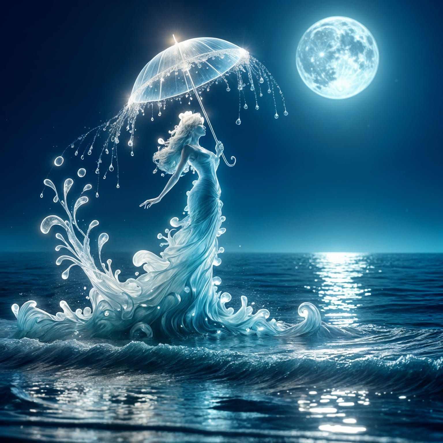 Luminous Water Spirit Emerges from Tranquil Ocean