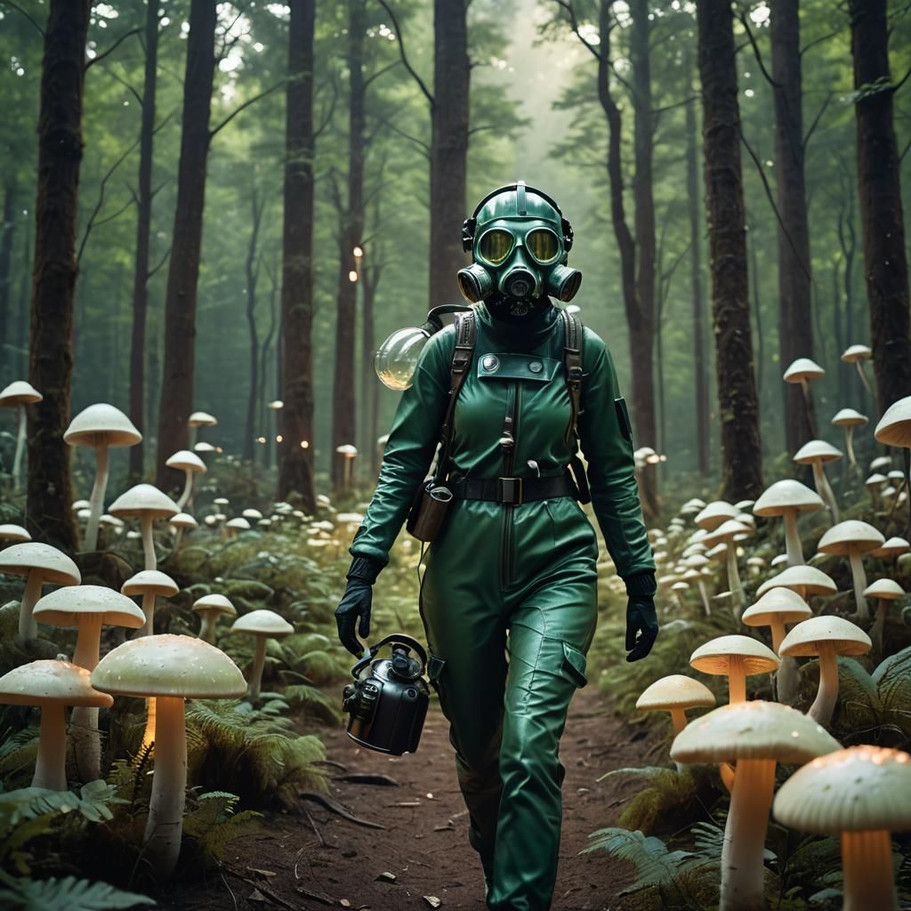 Woman in Futuristic Gear Amid Bioluminescent Forest