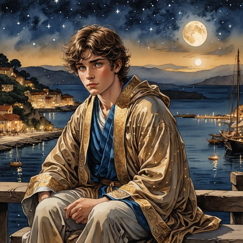 Boy Contemplates Night Sky in Bande Dessinées Style