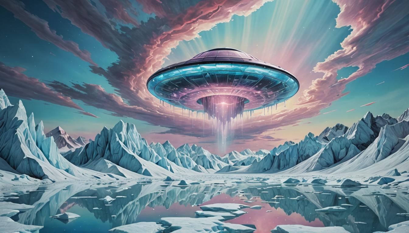 UFO over Iridescent Glacier in Mixed Media Design