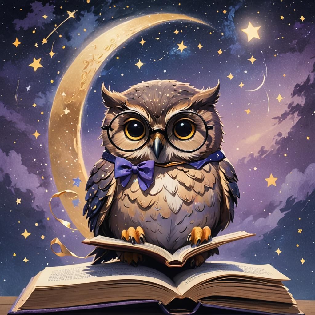 Enchanting Owl Reading Under Starry Sky in Anime Style