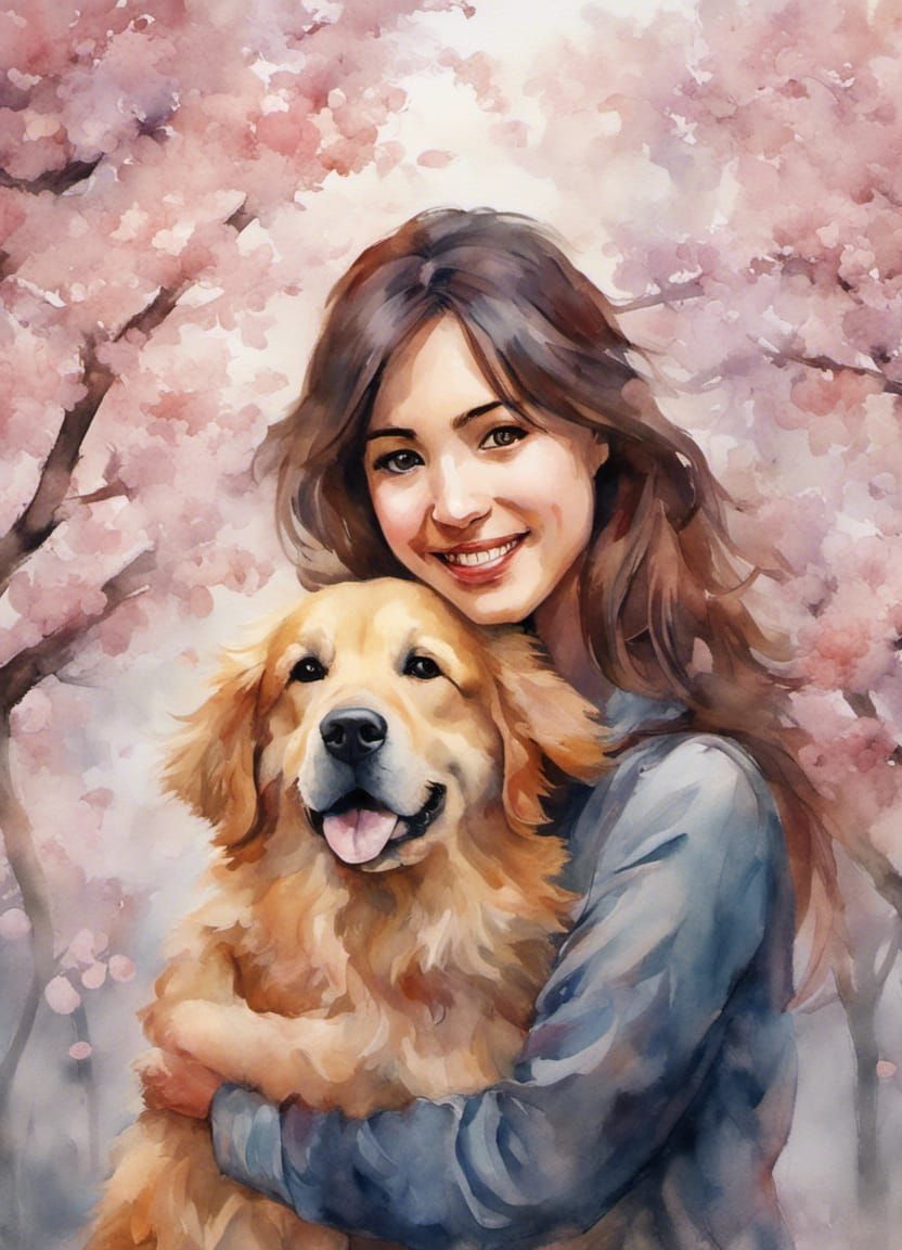 Woman and Dog Portrait in Spring Watercolor