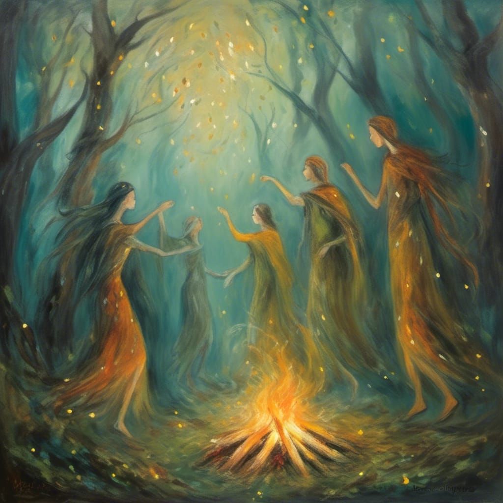 Mystical Celtic Druids Dancing in Forest Oil Painting