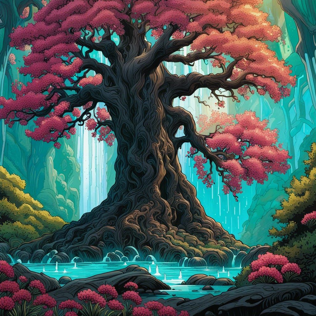 Magical Black Oak Forest by Turquoise Waterfall