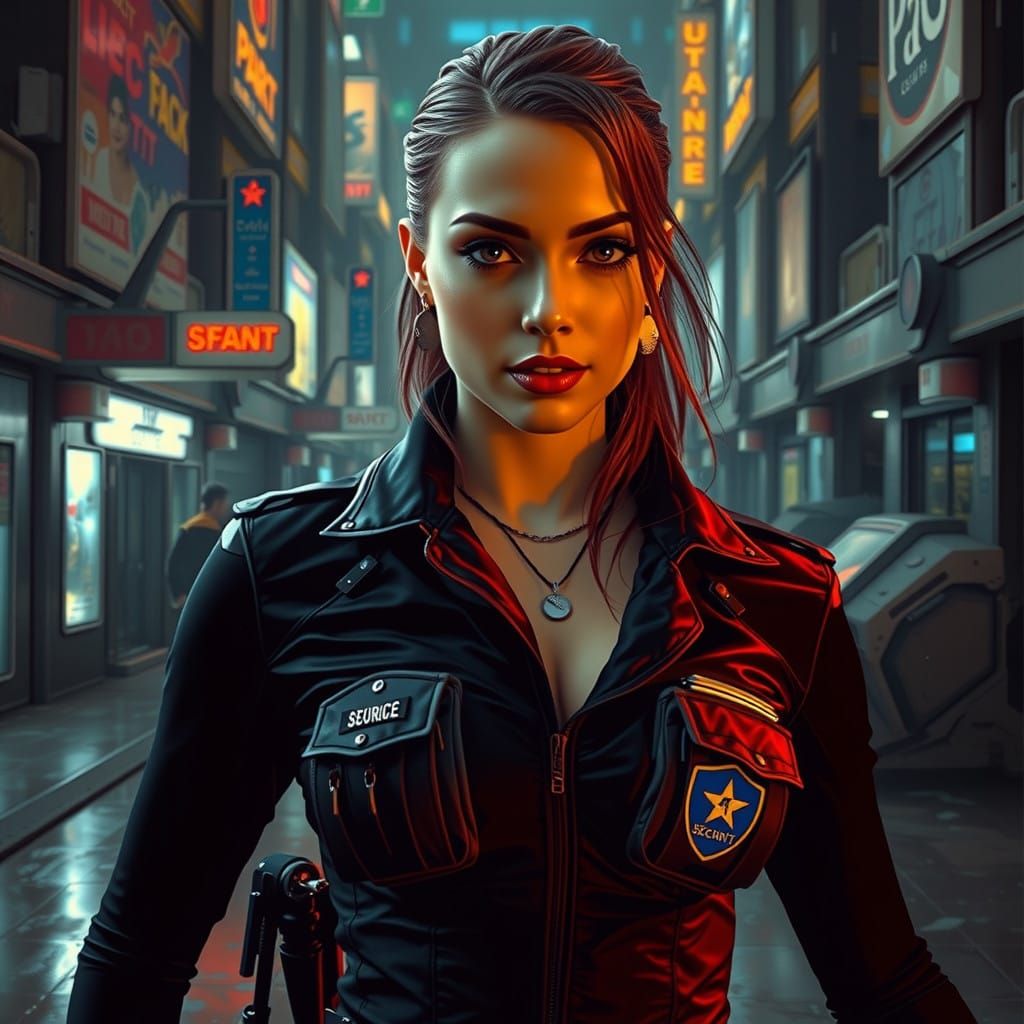hyper-realistic image of a female security guard, tight unif...