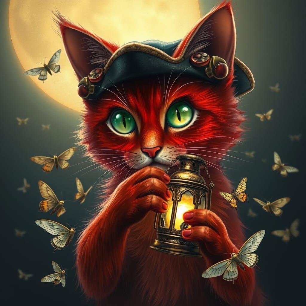 Red Cat Musketeer with Lantern, Charcoal Drawing