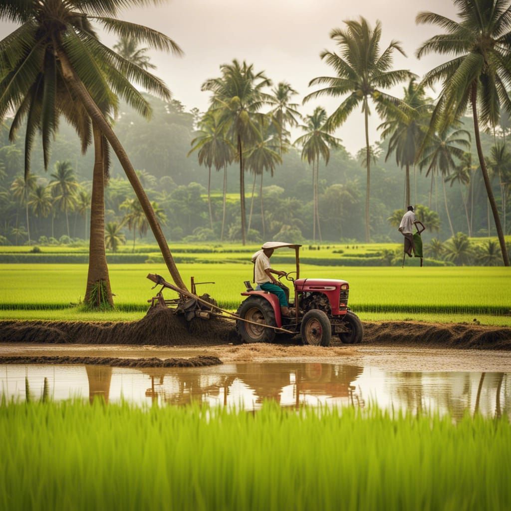 Kerala Farmer Plowing Rice Paddy Field by Tractor