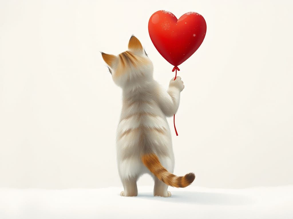A kitten holding an inflatable heart-shaped balloon,