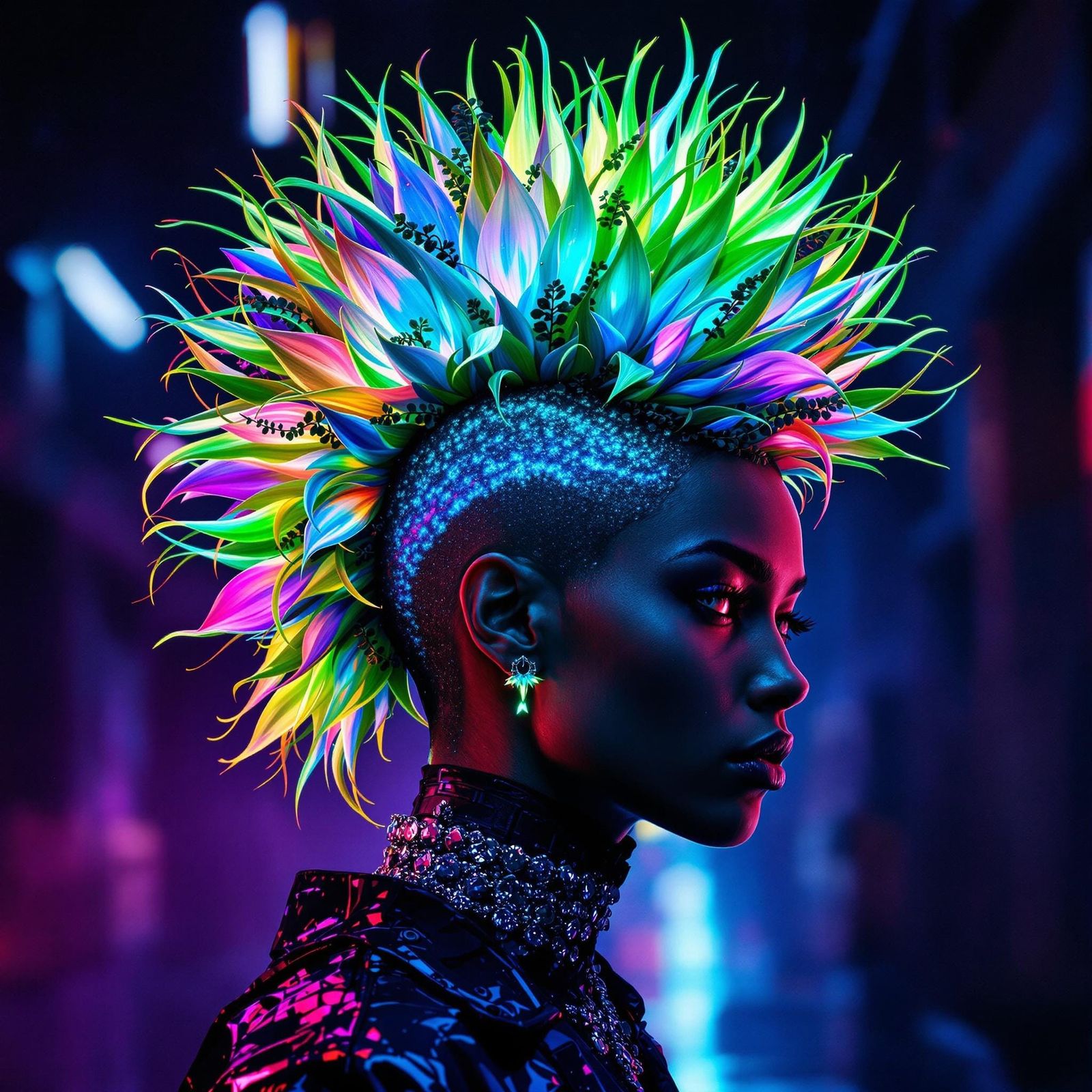 Neon Flora Mohawk: Cyberpunk Botanical Portrait in 4K