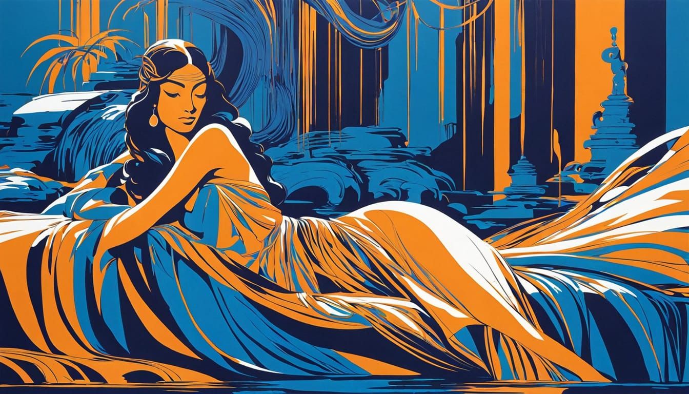 Abstract Expressionist Cleopatra Near Waterfall in Autumn Hu...