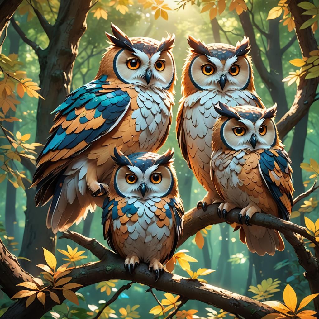 Colorful Fluffy Owls in Vibrant 3D Anime Style