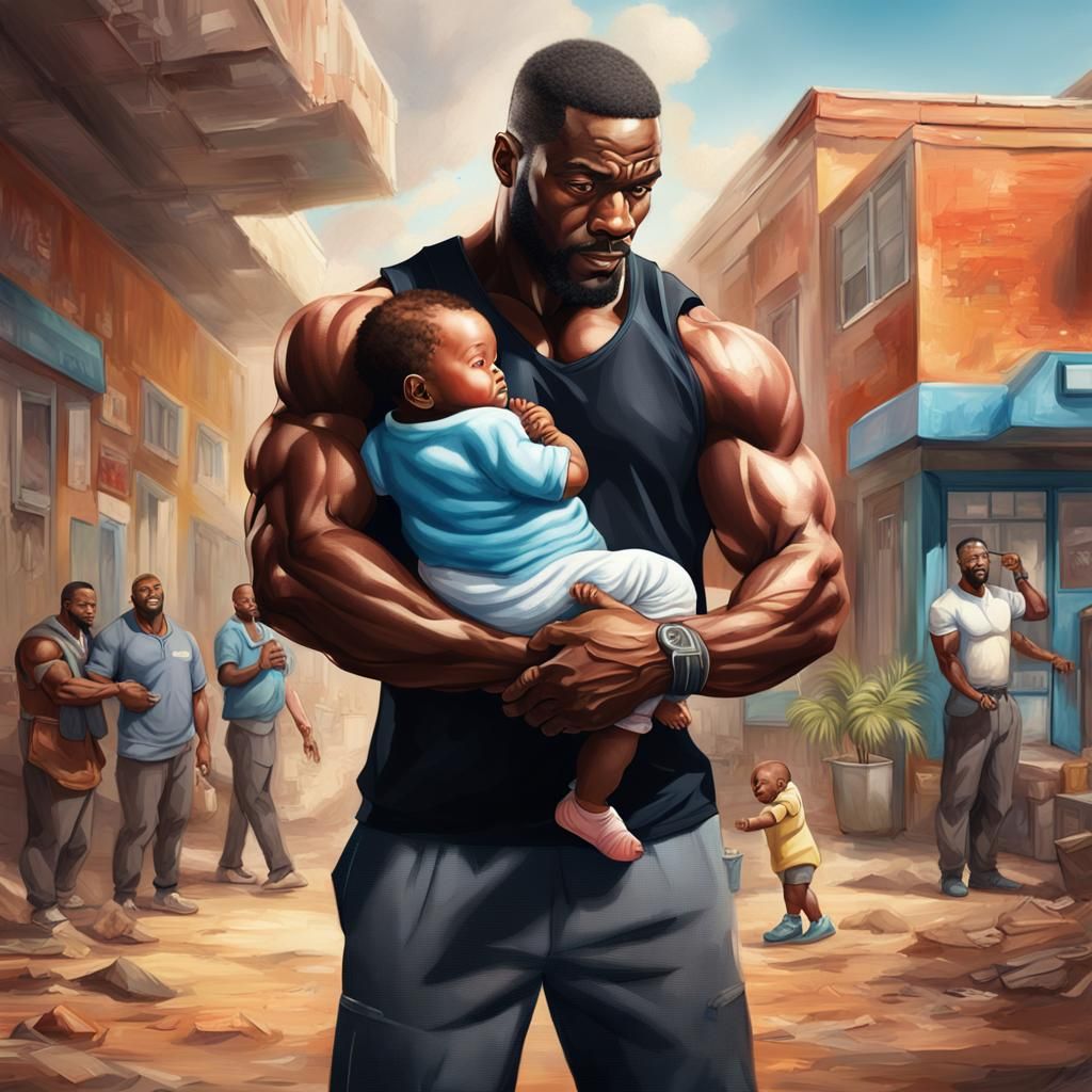 Hyperrealistic Muscular Man Holding Newborn