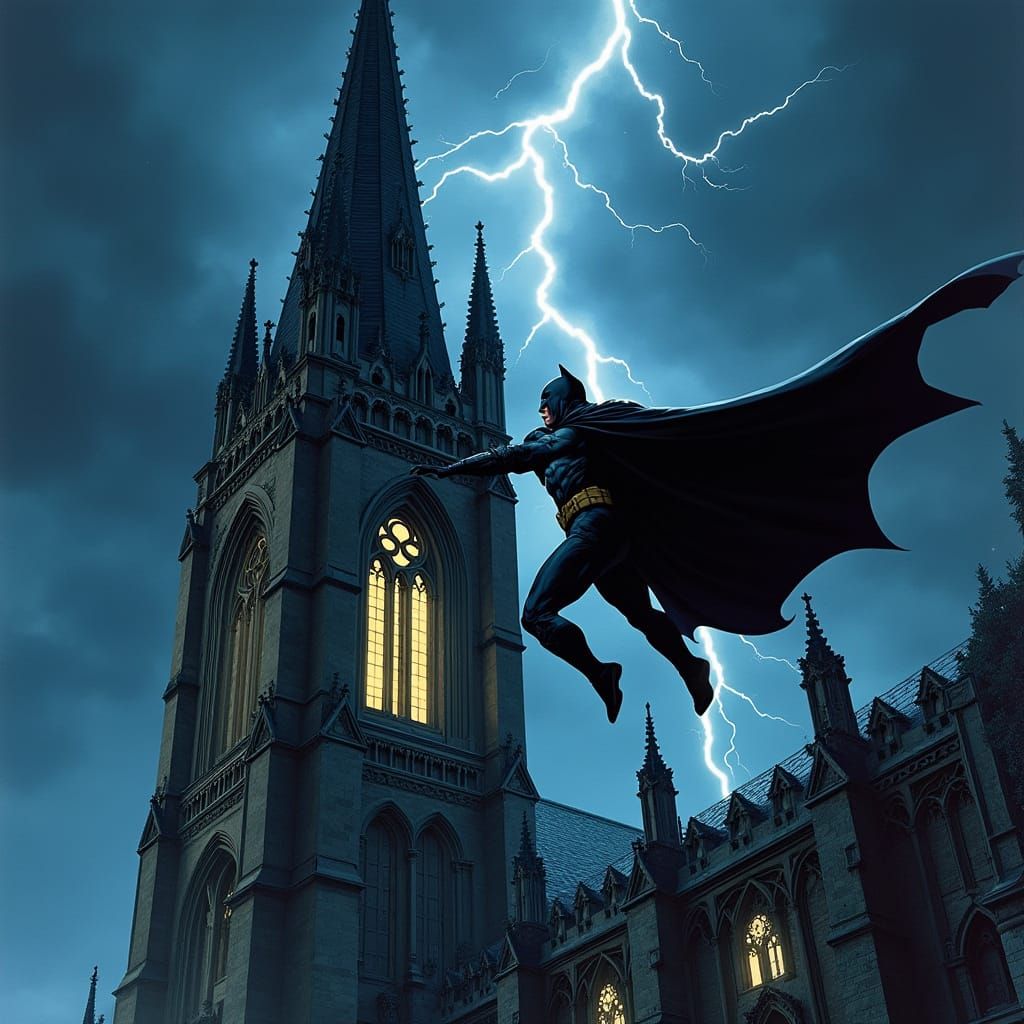 Batman Leaps from Cathedral: Comic Book Style