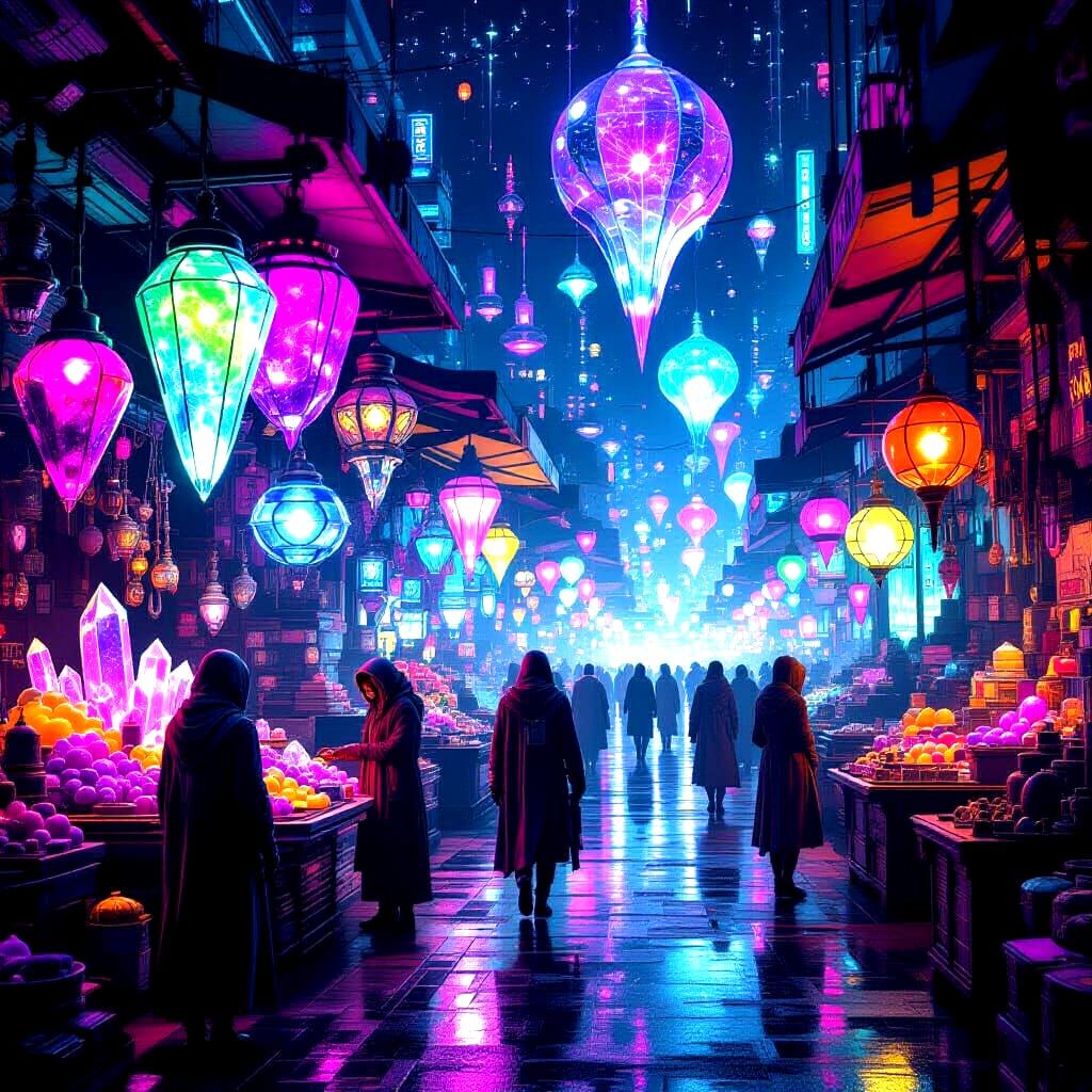 Bustling Alien Market with Neon Lights, Retro-Futurism
