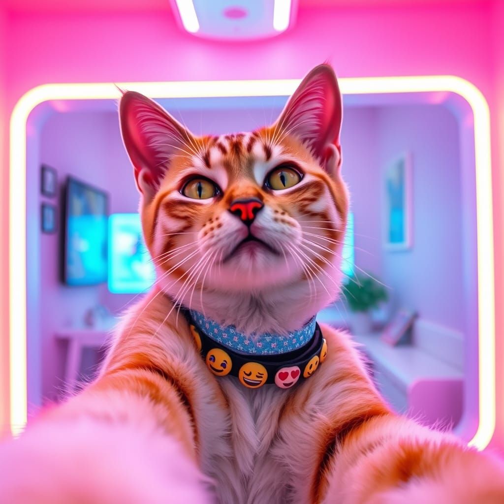 Gen Z Cat Taking Selfie in Vaporwave Room