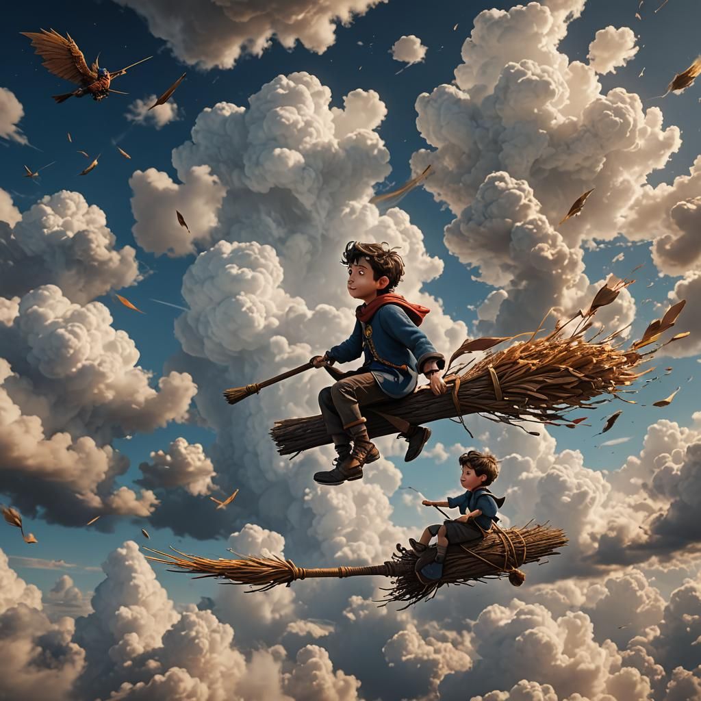 Boy Flies on Broomstick Through Cloudy Sky