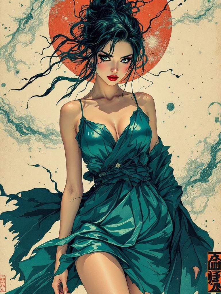 Swedish Pin-Up in Ukiyo-e and Steadman Fusion