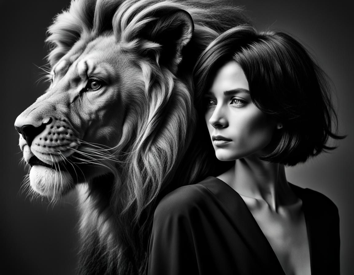 Woman and Lion Head in Striking Portrait