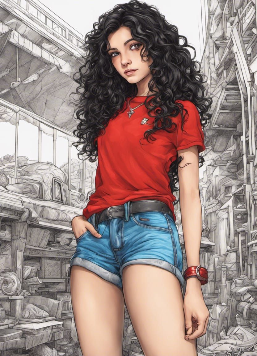 Colorful Portrait of a Young Woman with Black Outlines