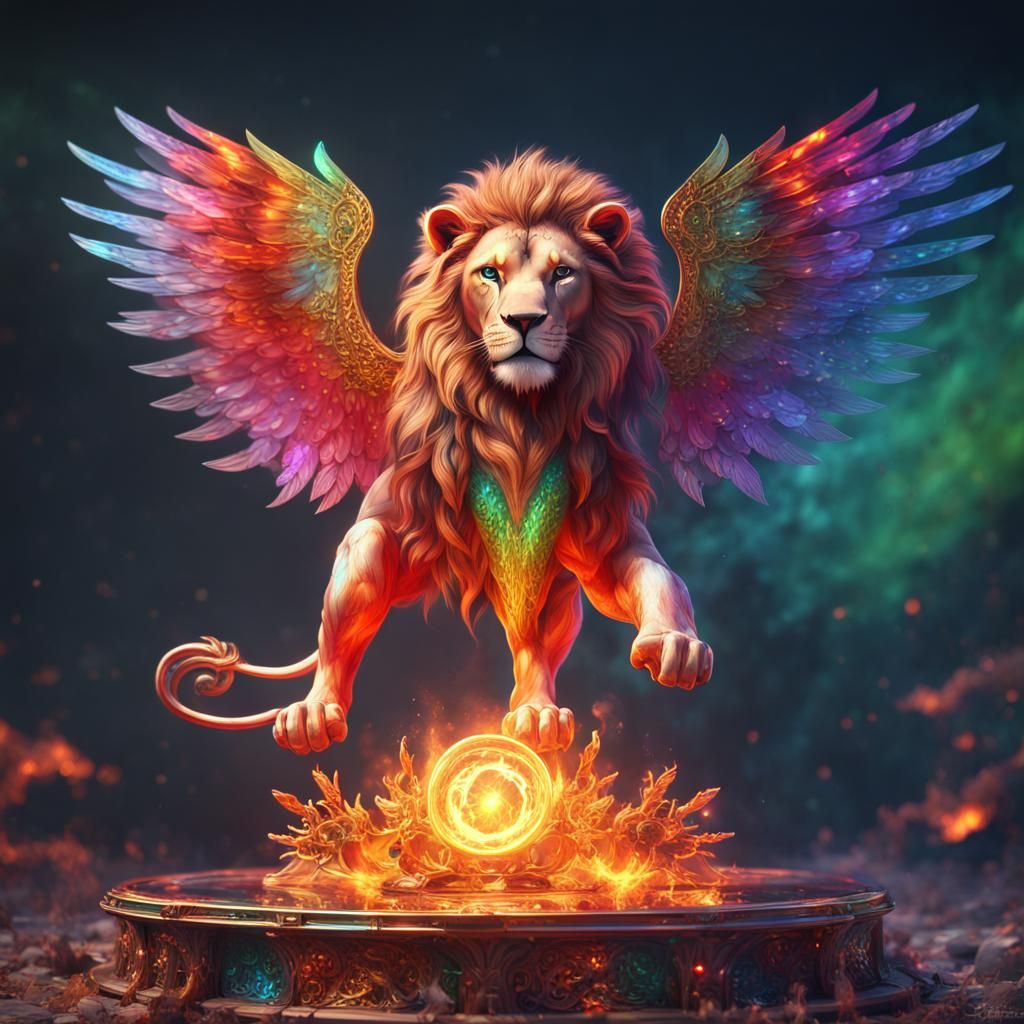 Fiery Rainbow Lion on Crystal Platform