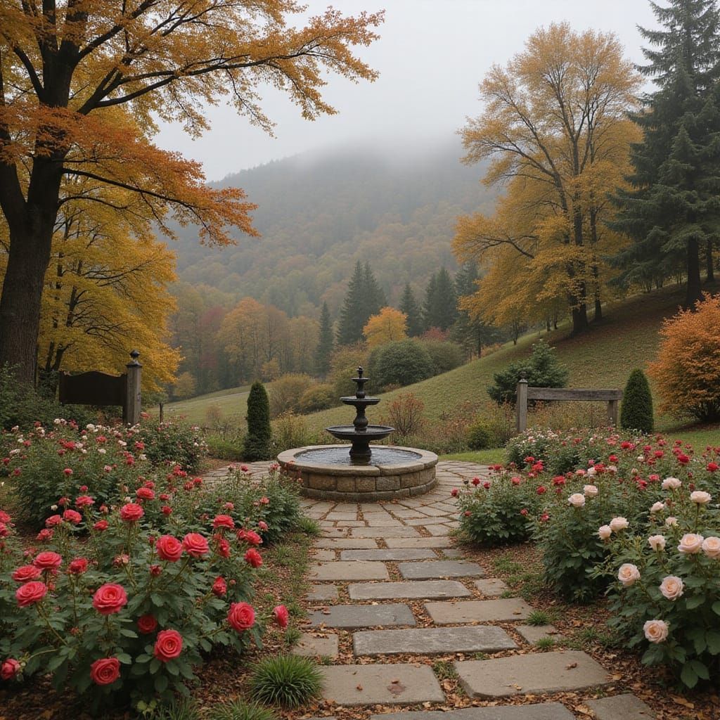Majestic Autumn Landscape with Quaint Rose Garden and Founta...