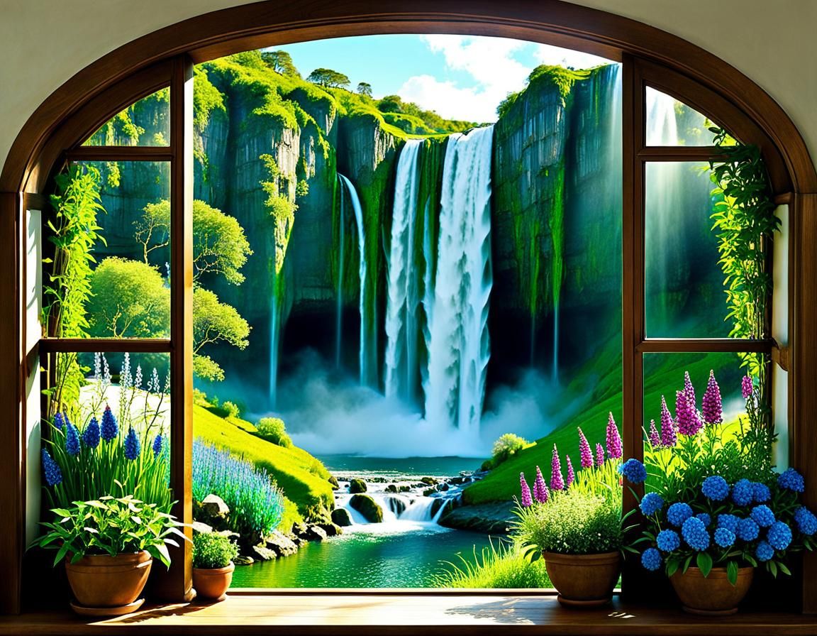 Kaleidoscopic Window Waterfall: AI-Generated Wonderscape