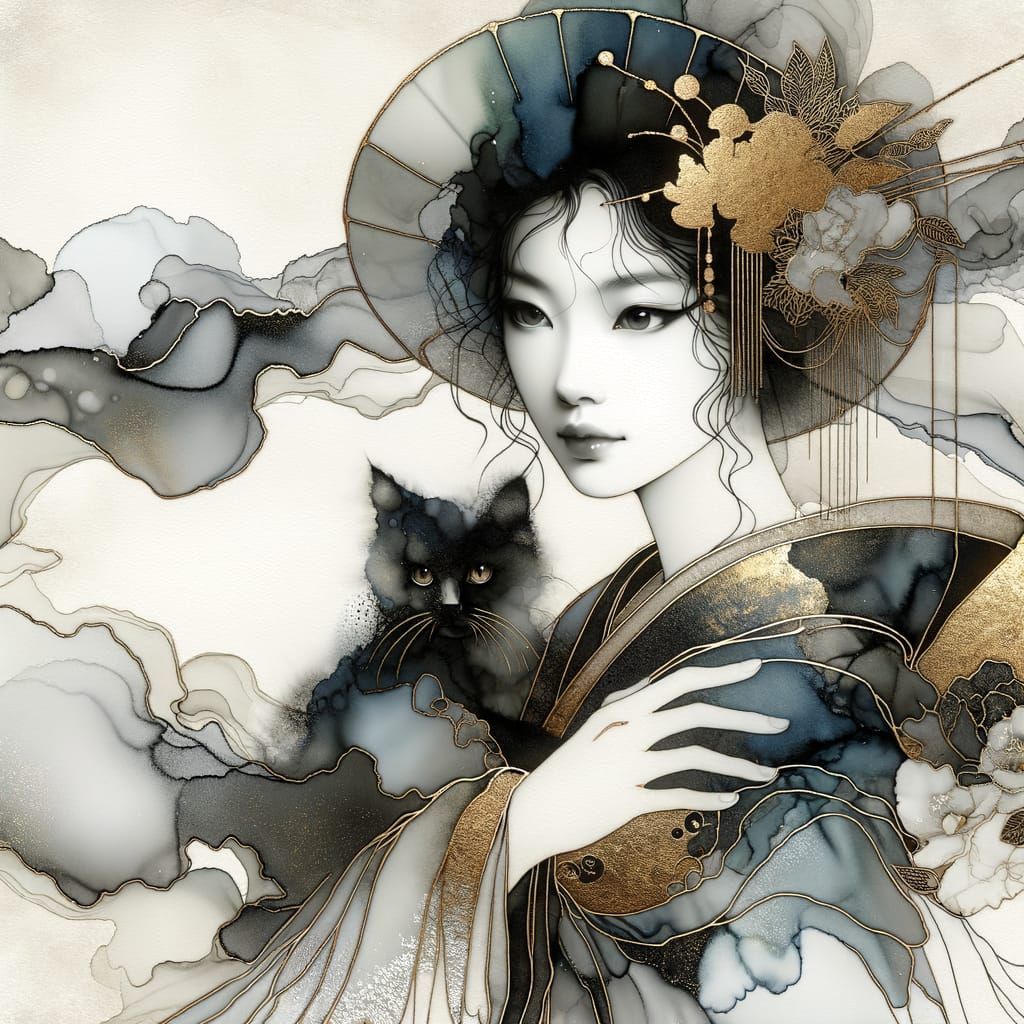 Japanese Woman in Minimalist Alcohol Ink Portrait with Gold....